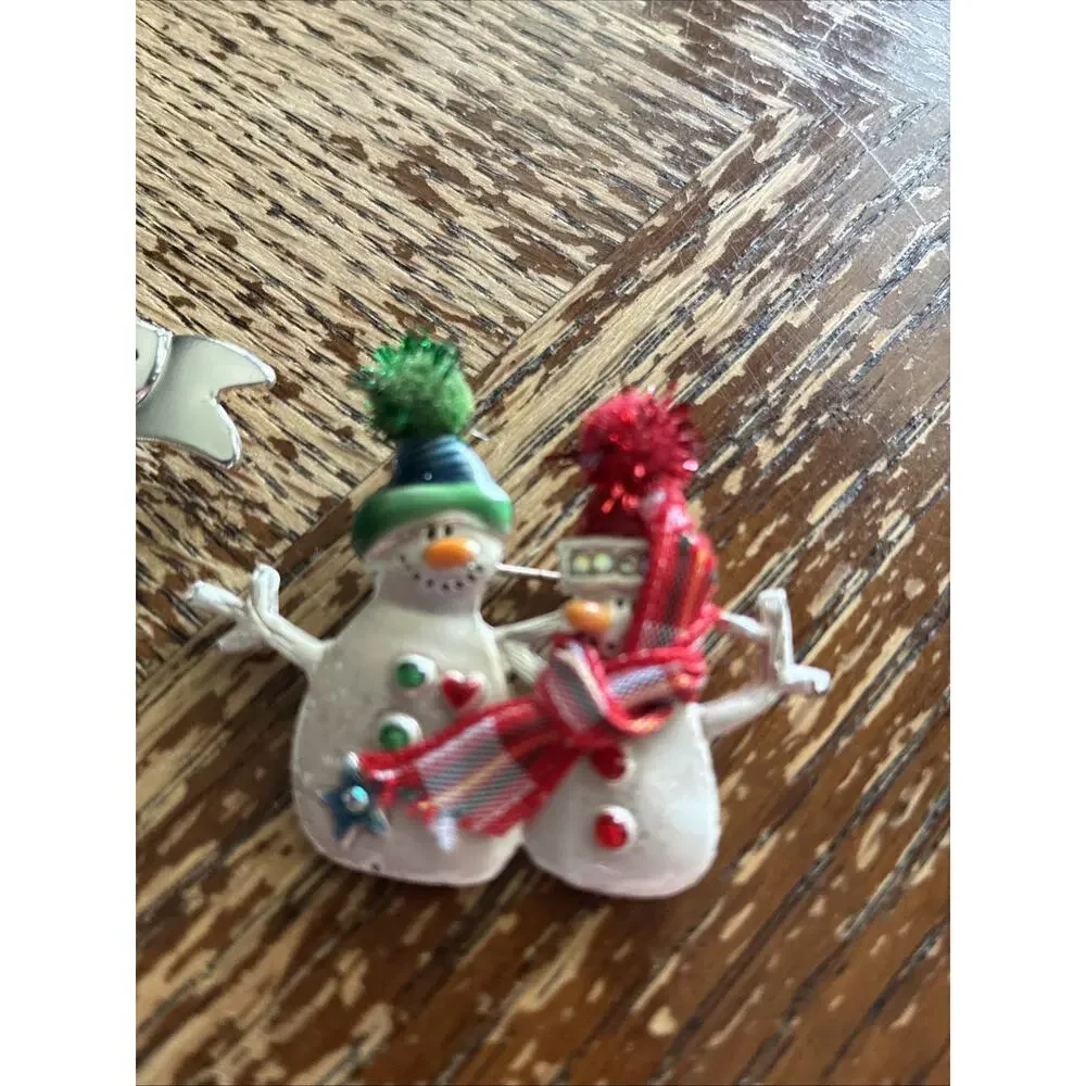 Lot of 3 Christmas House Snowman Stocking Penguins Vintage Gold Pin Brooch